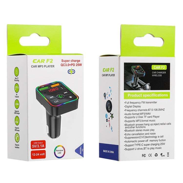 PDF2 With Ambient Light Fast Charger FM Transmitter Bluetooth Hands Free Call MP3 Player