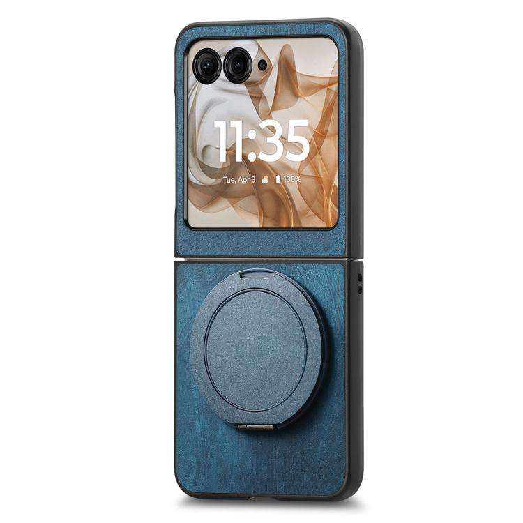 For Motorola Moto Razr 50 Retro Leather Rotation Round Holder Phone Case(Blue)