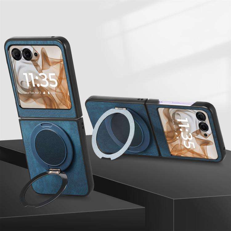 For Motorola Moto Razr 50 Retro Leather Rotation Round Holder Phone Case(Blue)