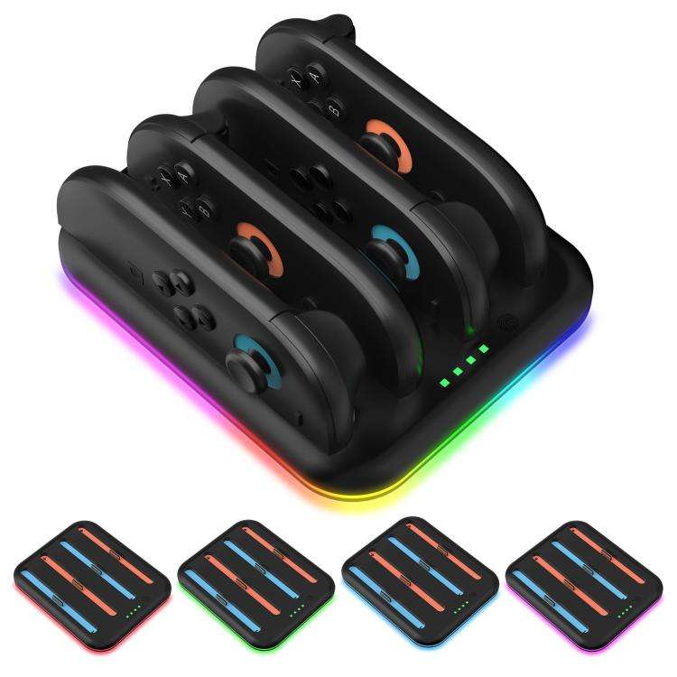For Nintendo Switch 2 Game Handle 4 Seat Horizontal Charging Cradle With RGB Dazzling Lights(Black)