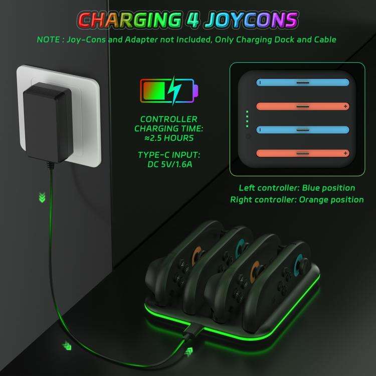 For Nintendo Switch 2 Game Handle 4 Seat Horizontal Charging Cradle With RGB Dazzling Lights(Black)