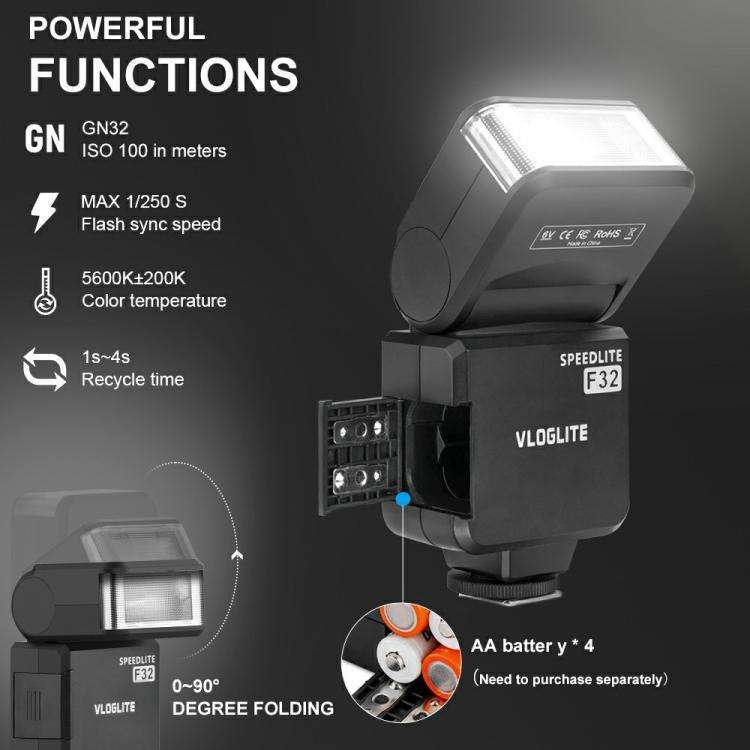 VLOGLITE F32 For Fuji Nikon Canon Sony DSLR Camera External Flash Light Portable Hot Shoe Light