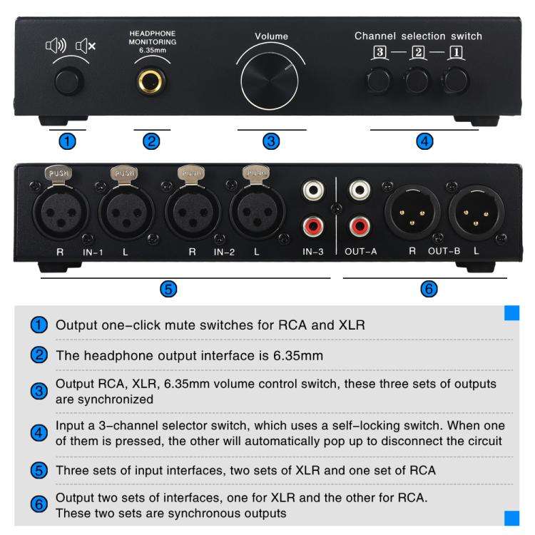 B082 3 Input 3 Output Audio Signal Selector Balanced Line Switcher