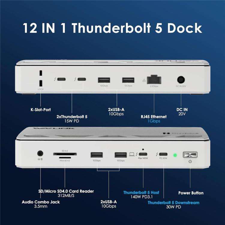 WAVLINK UTD58 12 in 1 120Gbps 140W Thunderbolt 5 Docking Station, Plug:UK Plug