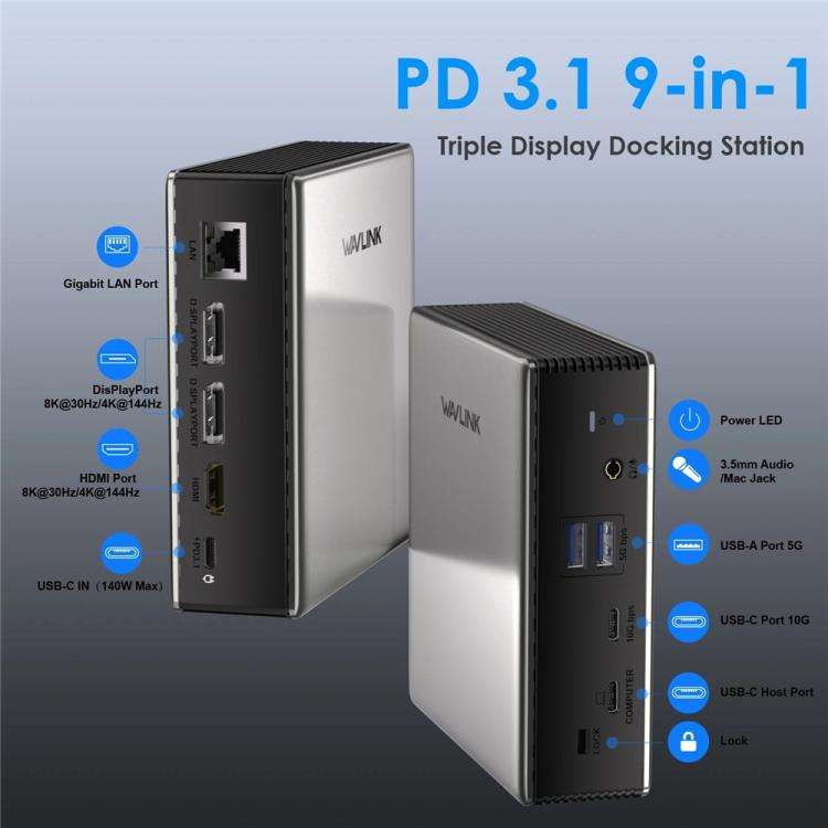 WAVLINK UMD27PRO Support 8K 30Hz 4K 144Hz 140W HUB Docking Station, Plug:US Plug