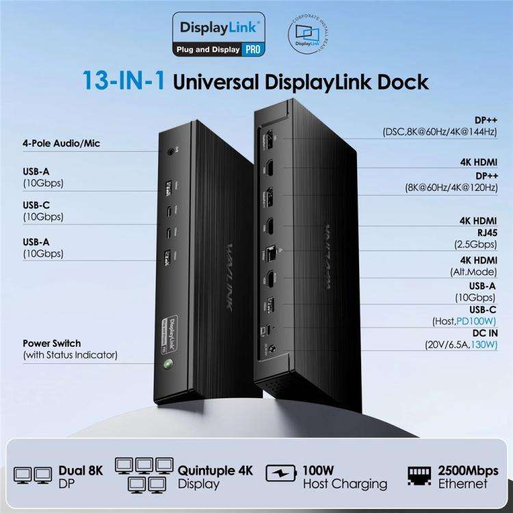 WAVLINK UG75PD5-3H2D2 For Mac M1 / M2 / M3 / M4 / Windows DisplayLink-7400 Docking Station, Plug:...