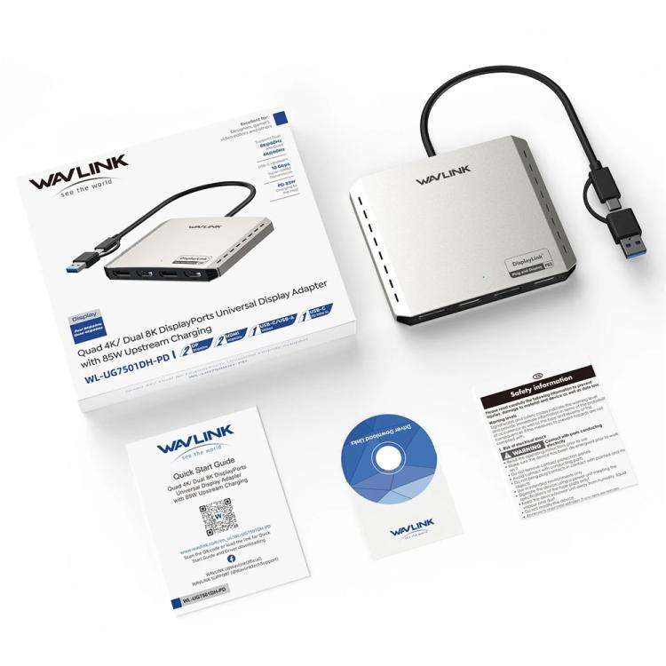 WAVLINK UG7501DH 85W Upstream Charging 2DP + 2HD Converter 4K / 8K Display Adapter