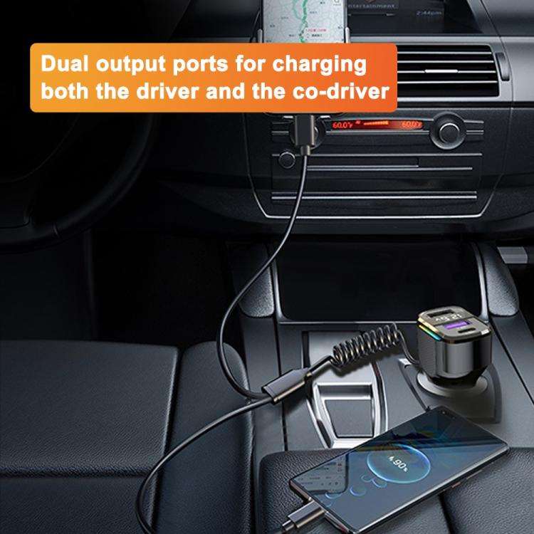 K56 Car PD30W Fast Charger Cigarette Lighter Adapter with Type-C Spring Cable