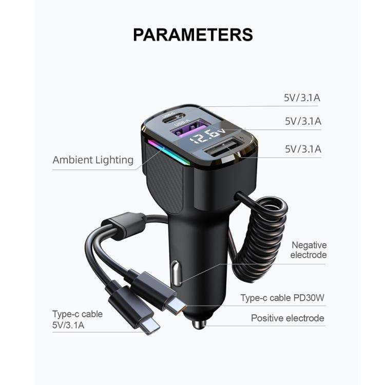 K56 Car PD30W Fast Charger Cigarette Lighter Adapter with Type-C Spring Cable