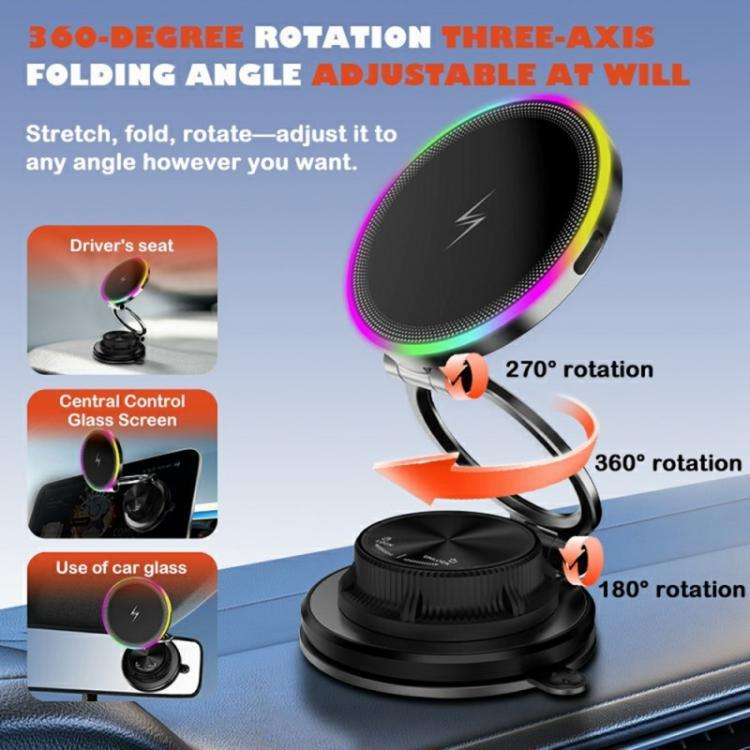 K8 RGB Light 15W Wireless Car Charger 3-Fold Rotatable Magnetic Phone Holder