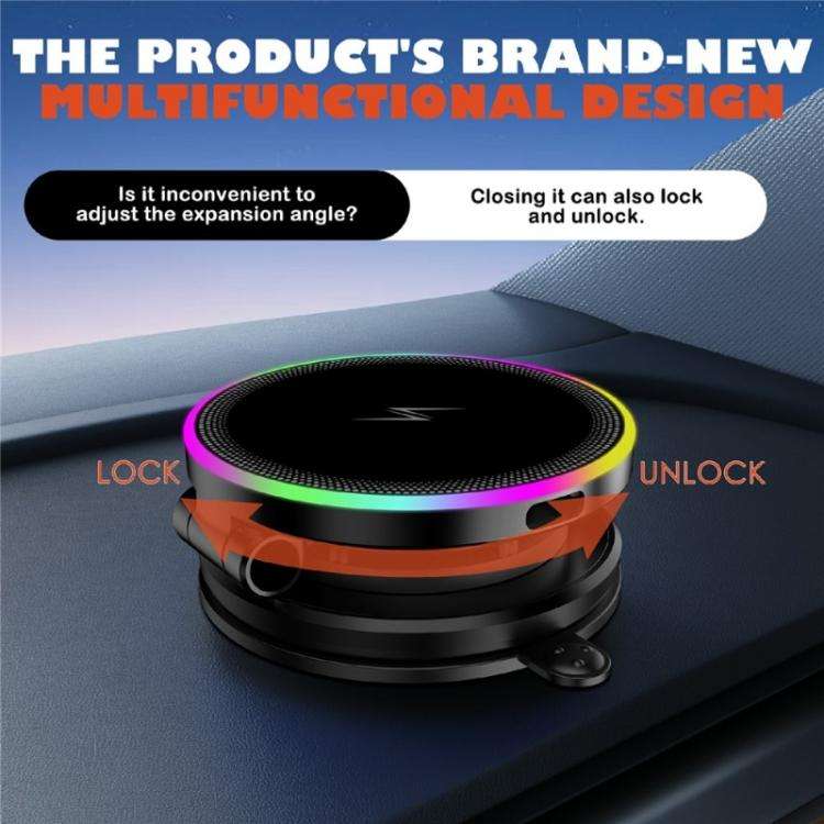 K8 RGB Light 15W Wireless Car Charger 3-Fold Rotatable Magnetic Phone Holder