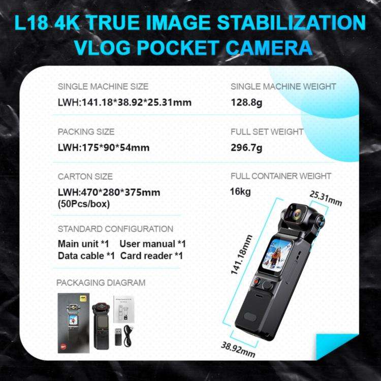 L18 Outdoor Recording Gyroscope Stabilization Camera 1.69 Inch Touch Screen 4K Wireless Action Ca...