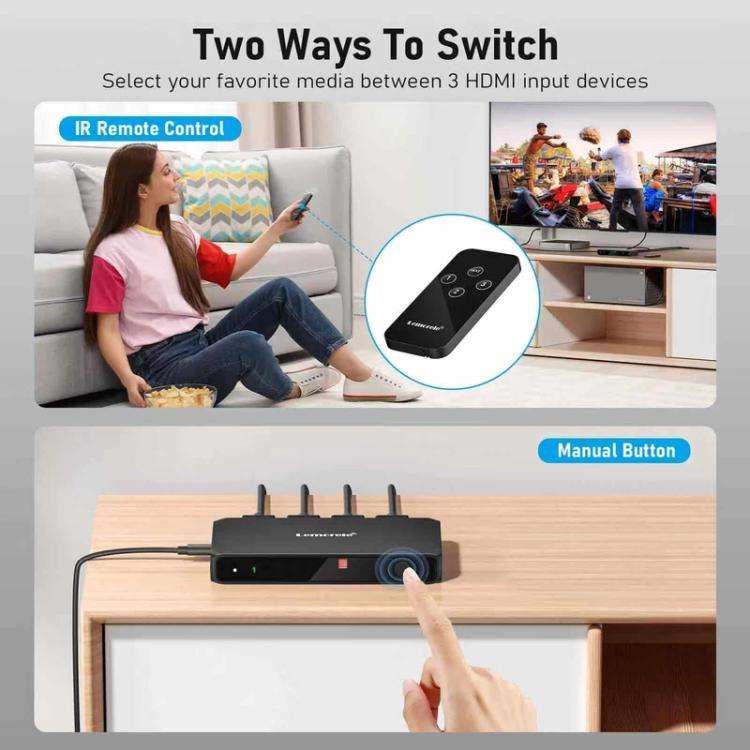 Lemorele G99 3 In 1 Out HDMI Switch 4K 60Hz HDR HDCP2.2 IR Remote Control HDMI Switcher