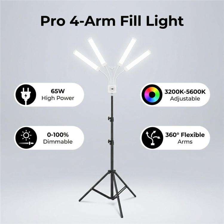 HD-150XJ 3200K-5600K Adjustable Remote Control 65W LED Photography Light 4-Arm Fill Light, Plug:A...