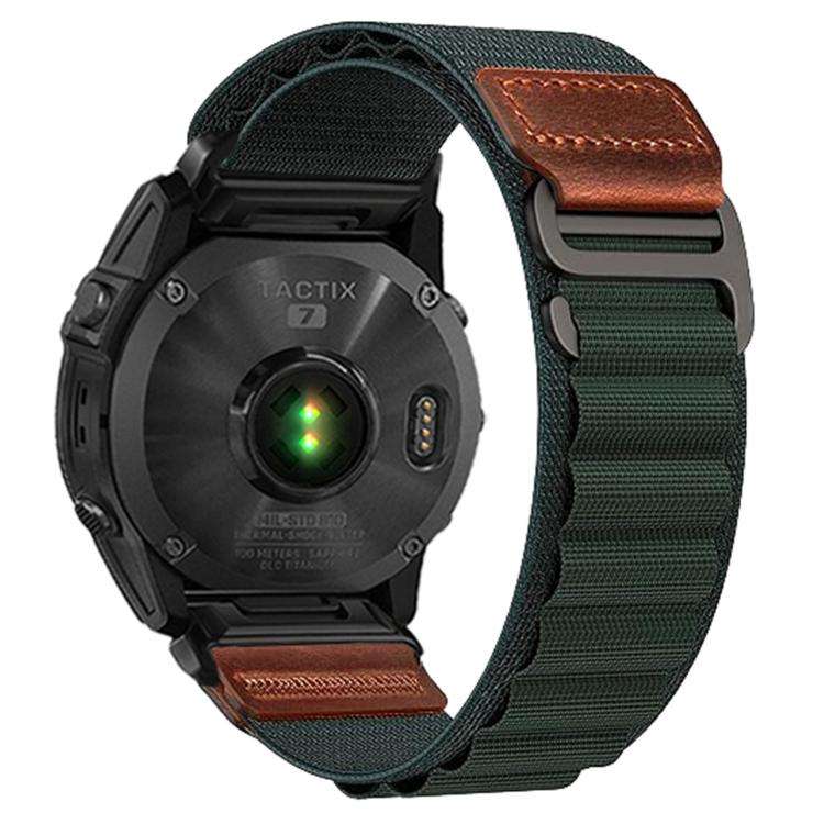 For Gamin 22mm Retro Vegan Leather Label Alpine Nylon Loop Watch Band(Dark Green)