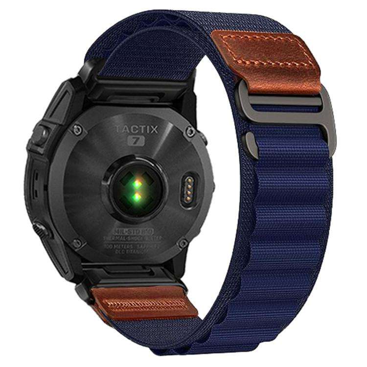 For Gamin 22mm Retro Vegan Leather Label Alpine Nylon Loop Watch Band(Navy Blue)