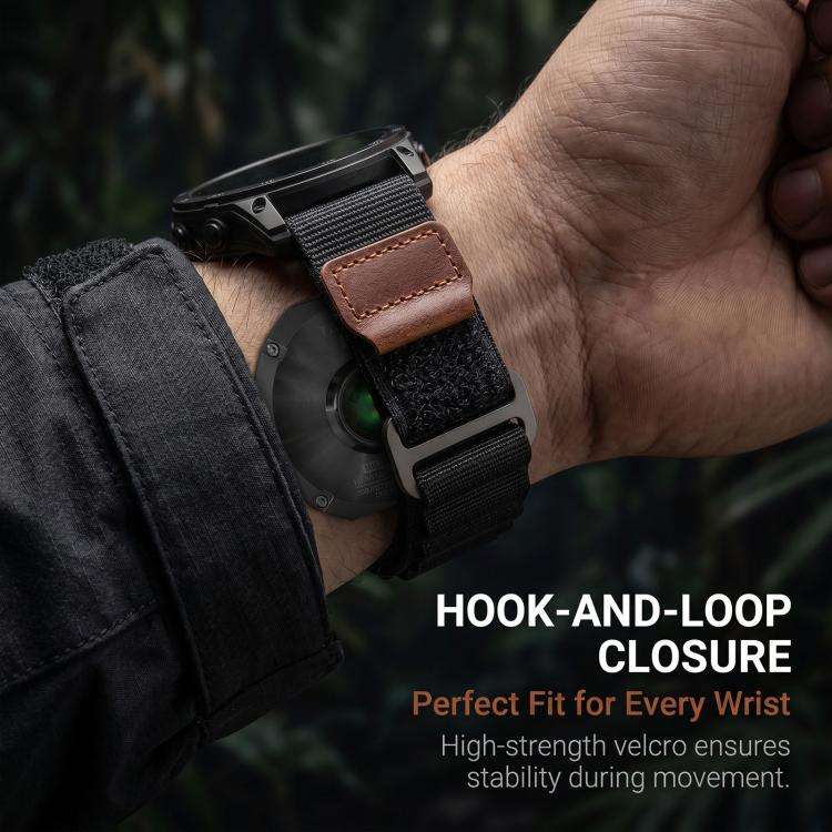 For Gamin 22mm Retro Vegan Leather Label Alpine Nylon Loop Watch Band(Dark Green)