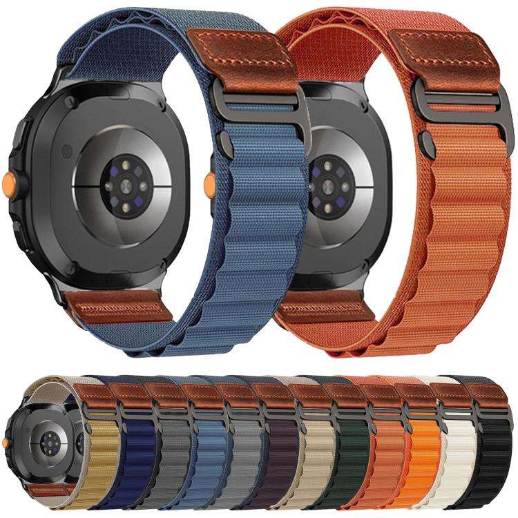 For Galaxy Watch9 / 8 / 8 Classic Retro Vegan Leather Label Alpine Nylon Loop Watch Band(Navy Blue)