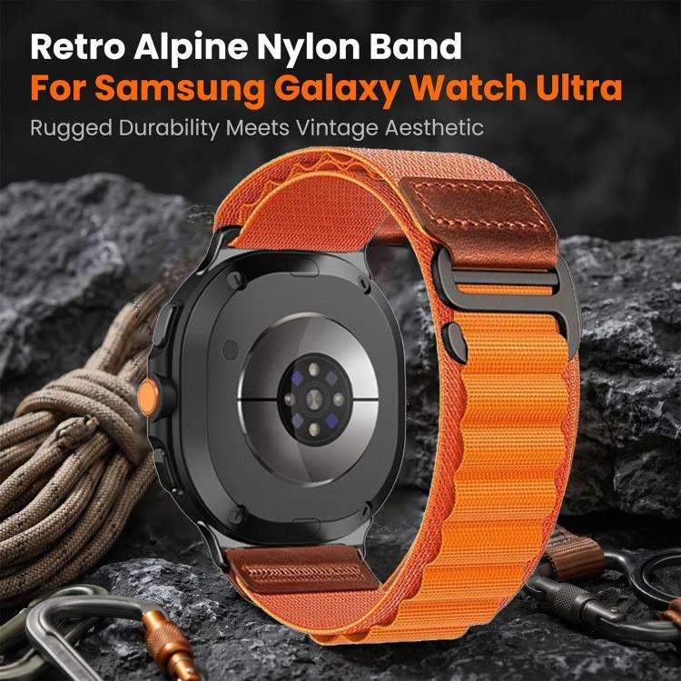 For Galaxy Watch9 / 8 / 8 Classic Retro Vegan Leather Label Alpine Nylon Loop Watch Band(Navy Blue)