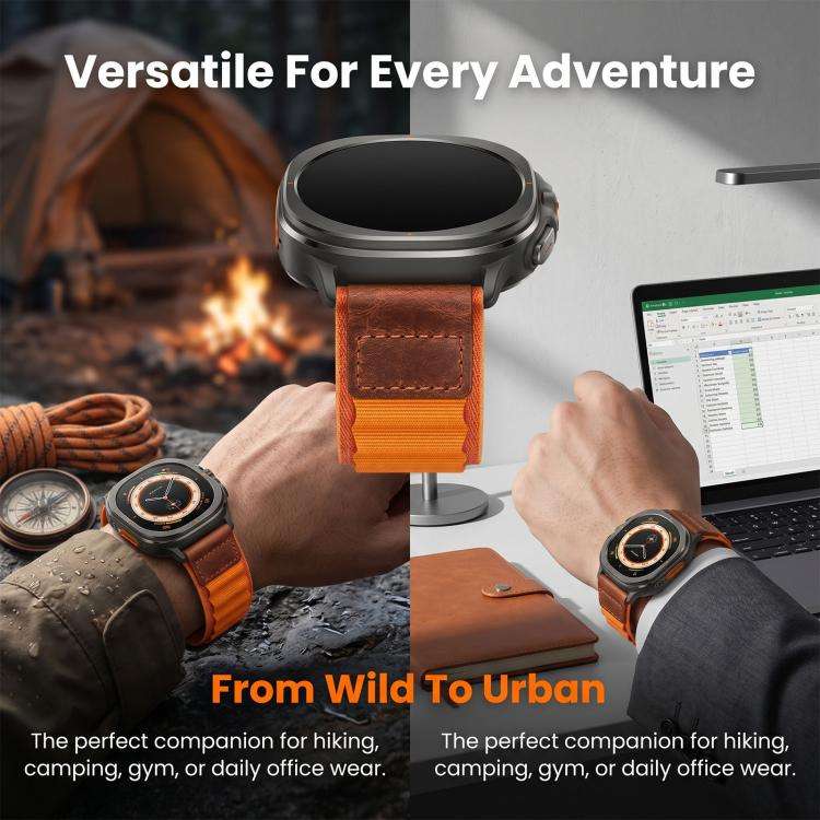For Galaxy Watch9 / 8 / 8 Classic Retro Vegan Leather Label Alpine Nylon Loop Watch Band(Navy Blue)