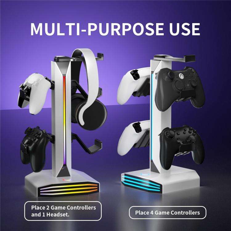 8006 USB Charging Ports 360 Degree Rotatable RGB Gaming Controller Holder Headphone Stand(White)