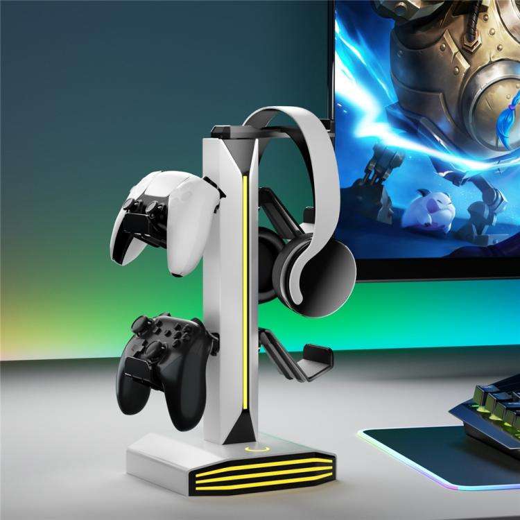 8006 USB Charging Ports 360 Degree Rotatable RGB Gaming Controller Holder Headphone Stand(White)