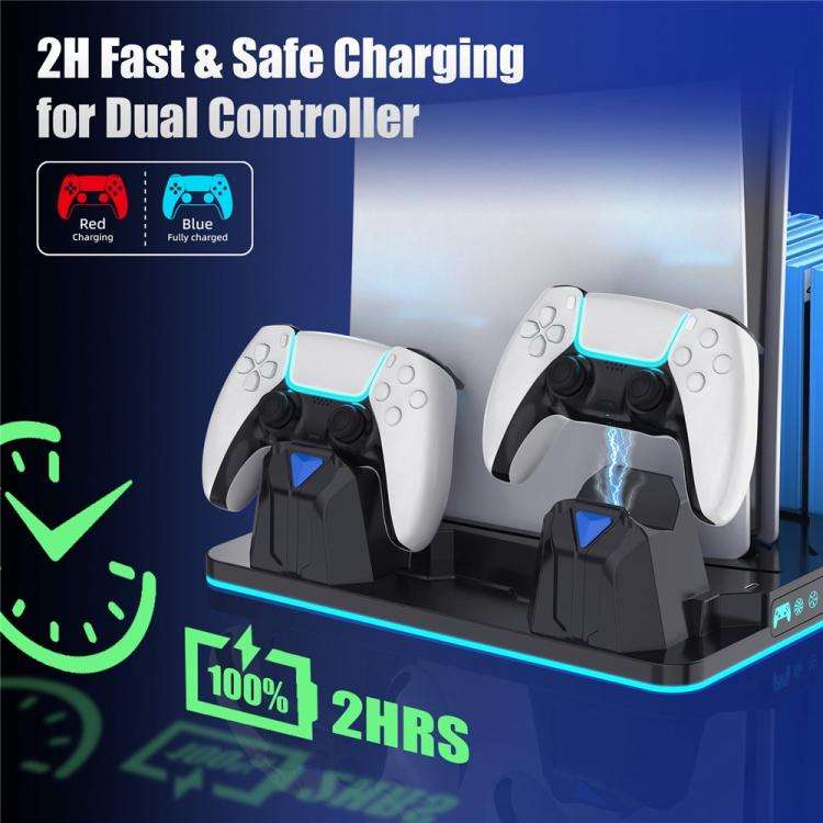For PS5 / PS5 Slim / PS5 Pro Cooling Stand Dual Controller Charging Station Game Storage Rack(White)