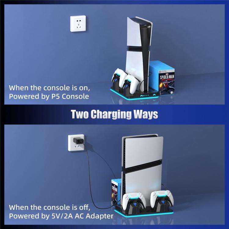 For PS5 / PS5 Slim / PS5 Pro Cooling Stand Dual Controller Charging Station Game Storage Rack(Black)