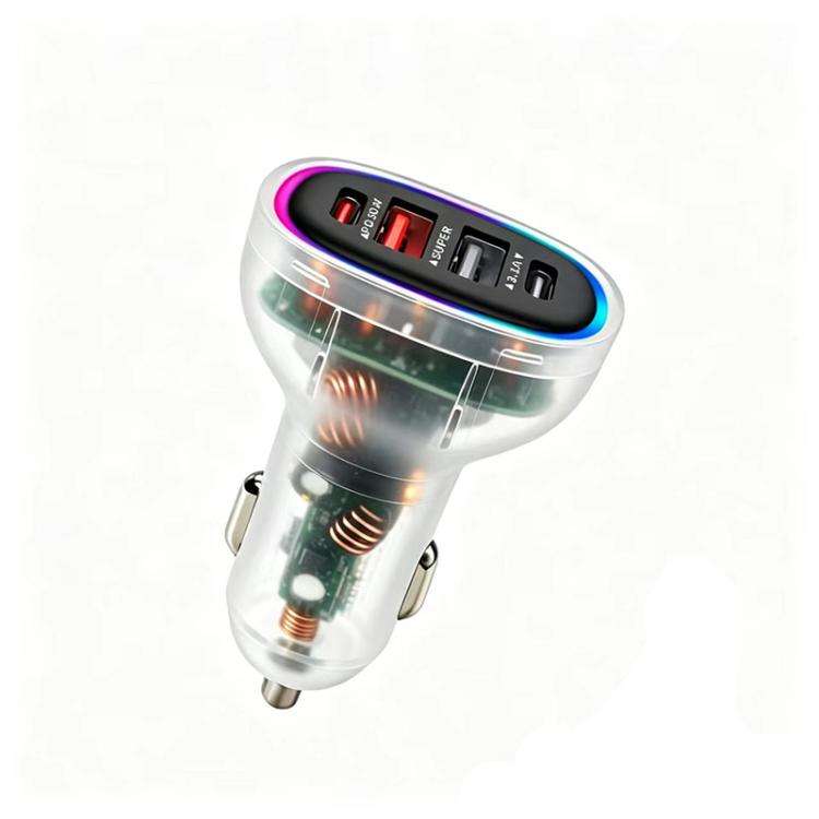 P54 75W PD3.0 USB-C x 2+USB x 2 Multi Protocol Car Charger(Transparent White)