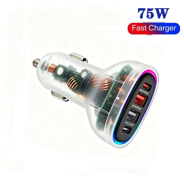 P54 75W PD3.0 USB-C x 2+USB x 2 Multi Protocol Car Charger(Transparent White)