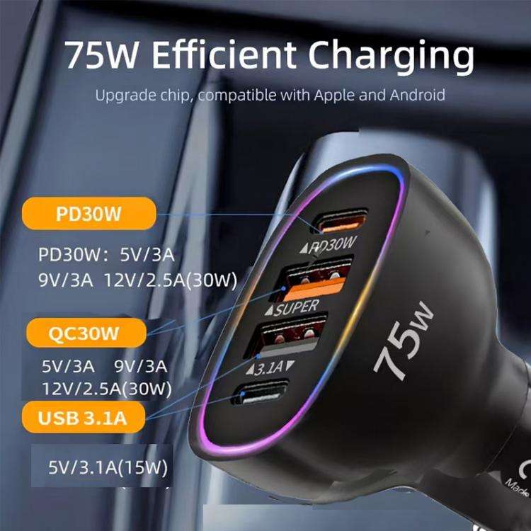 P54 75W PD3.0 USB-C x 2+USB x 2 Multi Protocol Car Charger(Black)