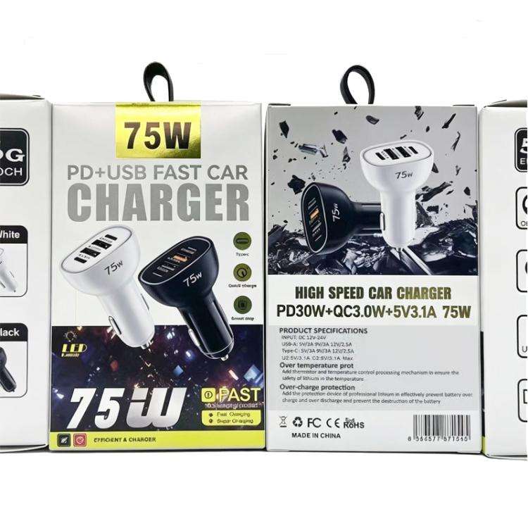 P54 75W PD3.0 USB-C x 2+USB x 2 Multi Protocol Car Charger(Black)