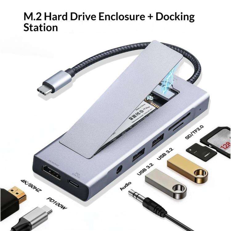 2605 4K HD M.2 NVMe Enclosure USB 3.2 Hub 8 in 1 Type-C Docking Station Card Reader
