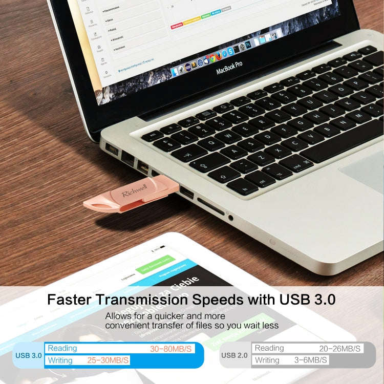 Richwell DXZ65 USB Flash Disk 32G 3 in 1 Micro USB + 8 Pin + USB 3.0 Compatible IPhone & IOS(Rose...