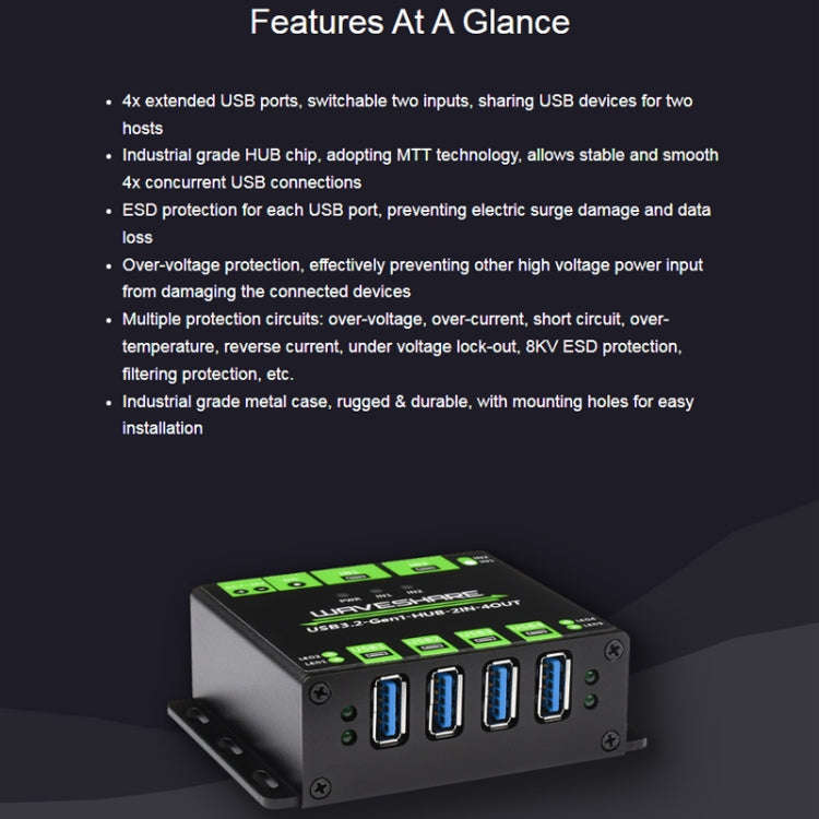 Waveshare 23929 USB HUB, Extending 4 X USB 3.2 Ports, Switchable Dual Hosts, Multi Protections