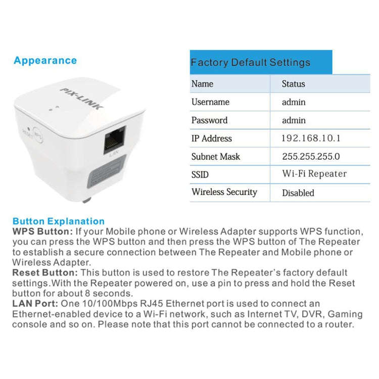 PIXLINK WR12 300Mbps WIFI Signal Amplification Enhanced Repeater, Plug Type:AU Plug