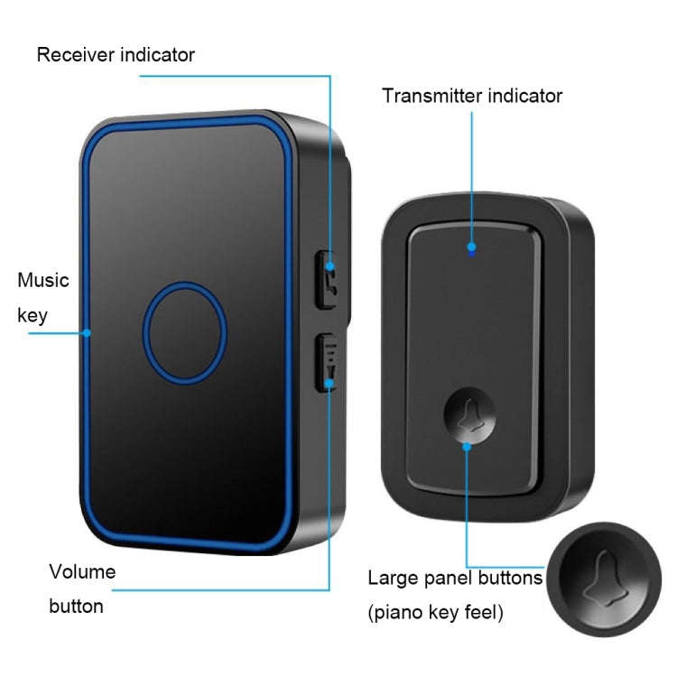 CACAZI  A19 1 For 3  Wireless Music Doorbell without Battery, EU Plug(Black)