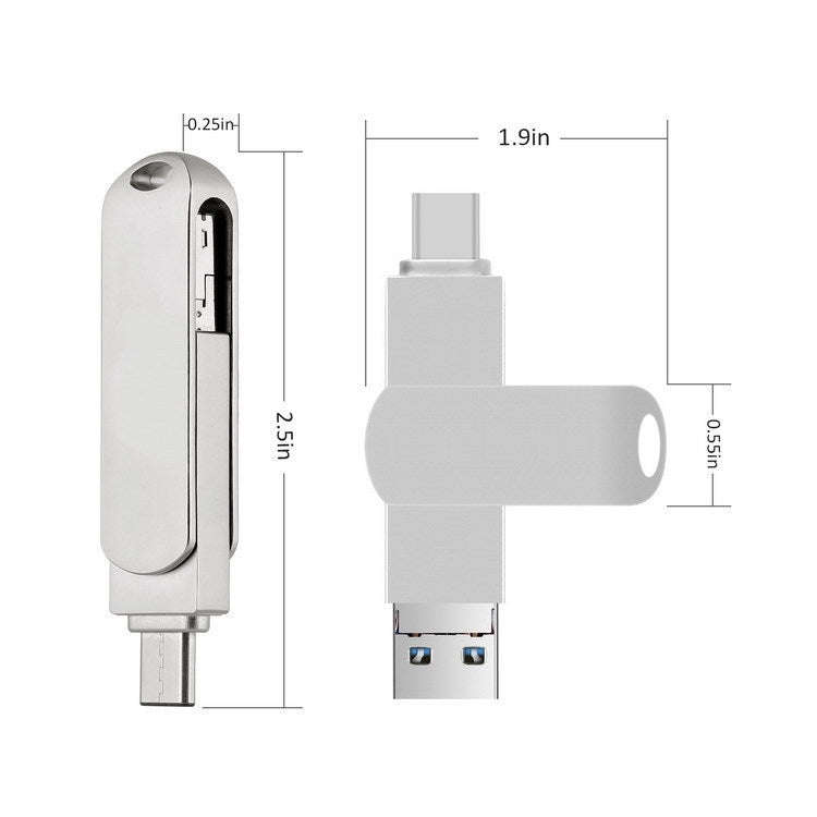 128GB USB 3.0 + 8 Pin + USB-C / Type-C 3 in 1 Phone Computer Rotatable Metal U-Disk