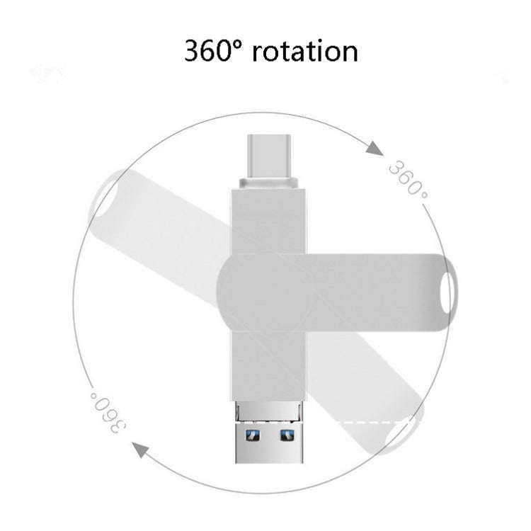 128GB USB 3.0 + 8 Pin + USB-C / Type-C 3 in 1 Phone Computer Rotatable Metal U-Disk