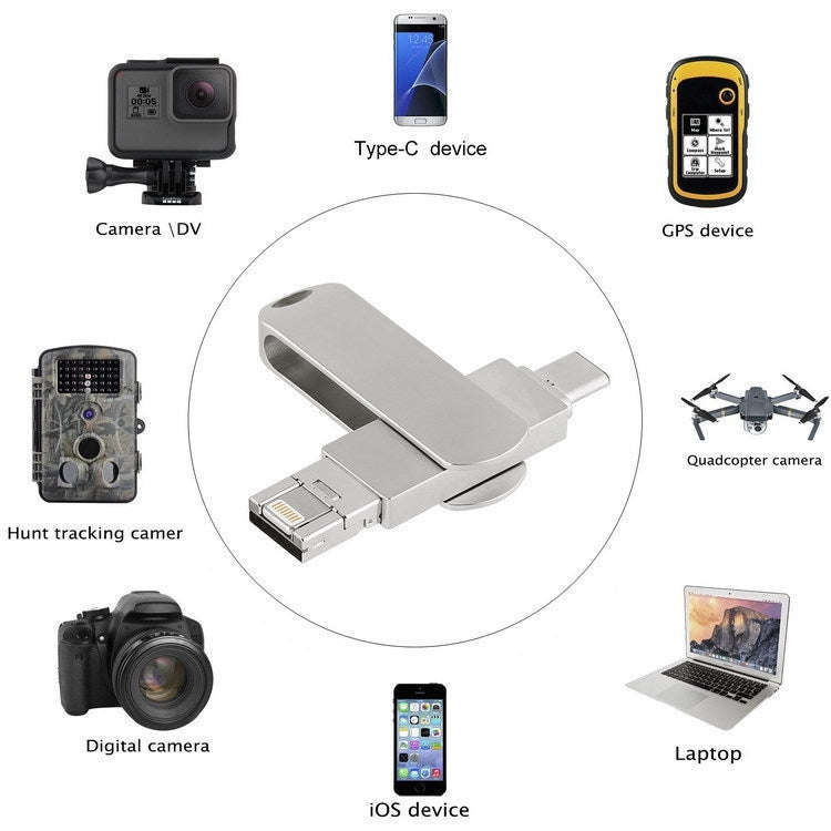 128GB USB 3.0 + 8 Pin + USB-C / Type-C 3 in 1 Phone Computer Rotatable Metal U-Disk