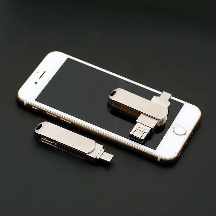 128GB USB 3.0 + 8 Pin + USB-C / Type-C 3 in 1 Phone Computer Rotatable Metal U-Disk