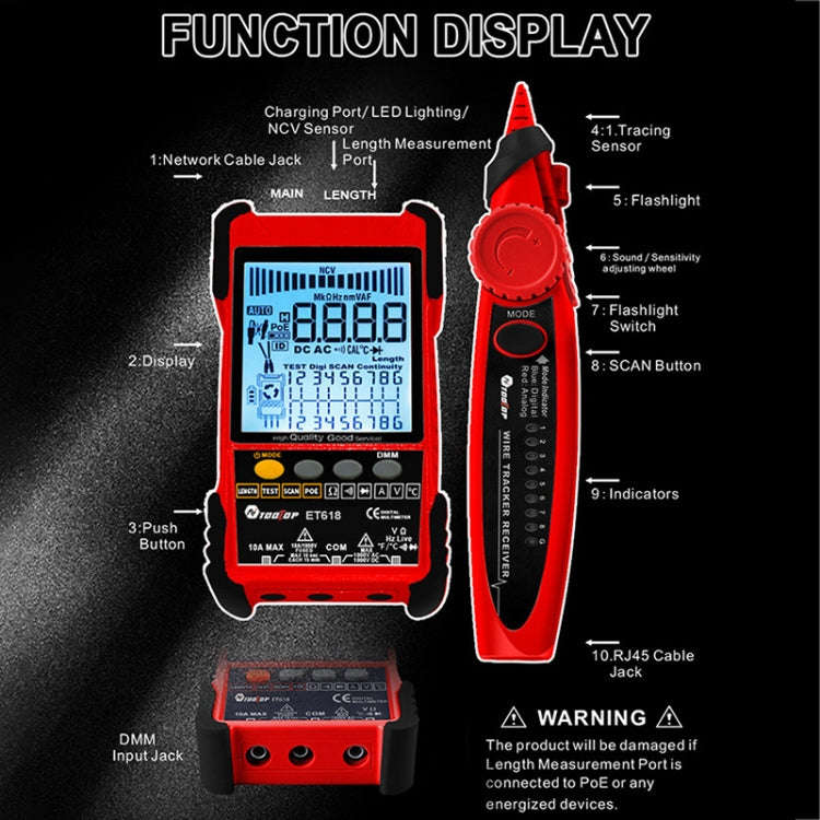ET616  Rechargeable Adjustable Network Cable Tester Wire Tracker POE Cable Tester (Red)