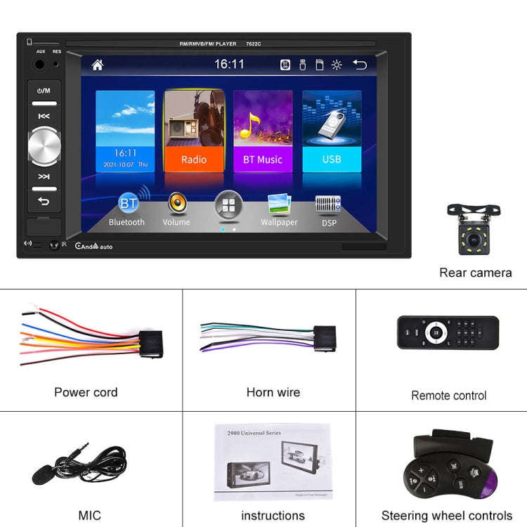 7622C 6.2 inch Dual Spindle HD Car Universal MP5 Carplay Player, Style: Standard+8 Light Camera
