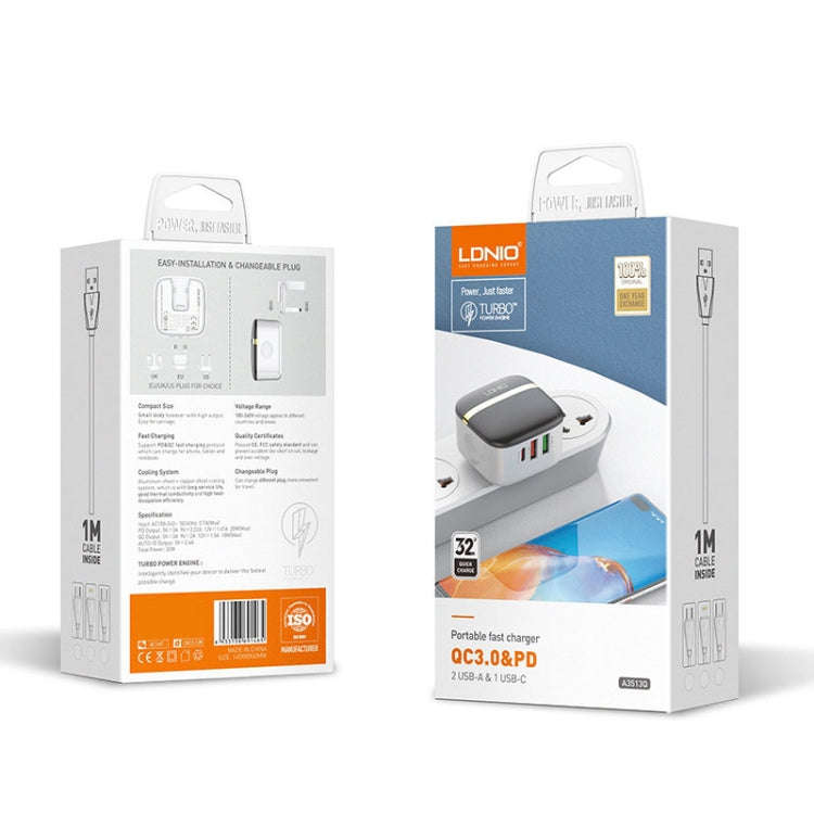 LDNIO A3513Q 32W QC3.0 3 USB Ports Phone Adapter EU Plug with 8 Pin Cable