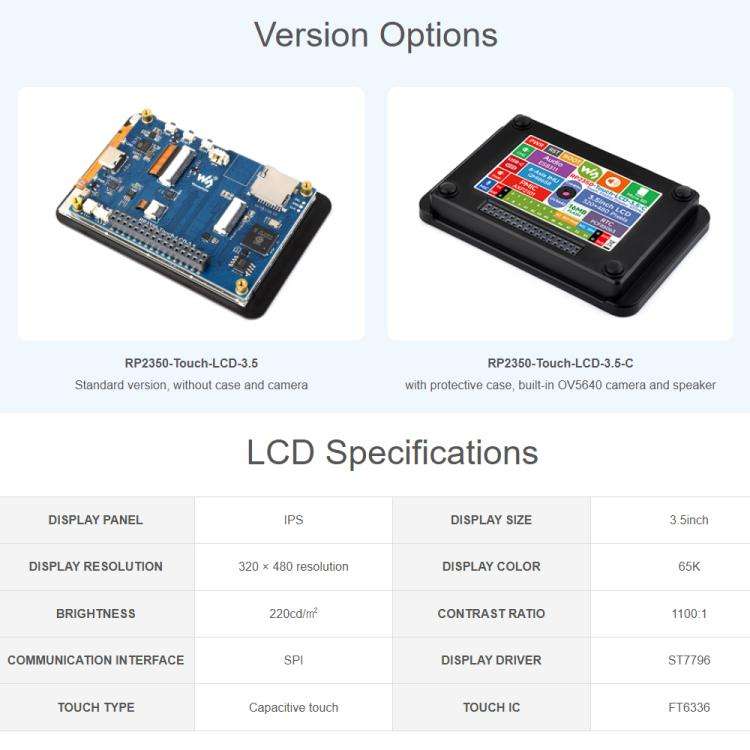 Waveshare RP2350 Dual-Core Development Board With 3.5-Inch 320x480 LCD, 65K Color Display Standar...