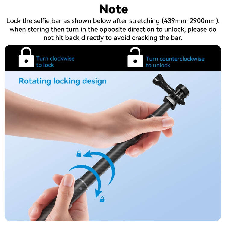 TELESIN 3M Carbon Fiber Selfie Stick Monopod  With 1/4 Screw For DJI, Insta360, GoPro and Other A...