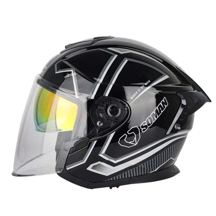 SOMAN Motorcycle Electric Bicycle Dual Lens Riding Helmet, Size: L(Black Silver)