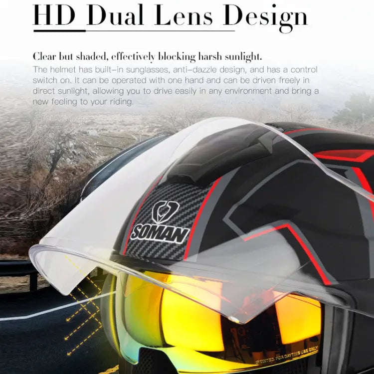 SOMAN Motorcycle Electric Bicycle Dual Lens Riding Helmet, Size: XL(Black Red)