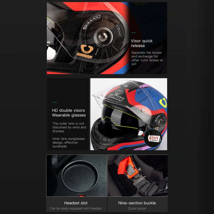 SOMAN Racing Motorcycle Double Lens Riding Safety Helmet, Size: L(Silver Gray Yellow Vision)
