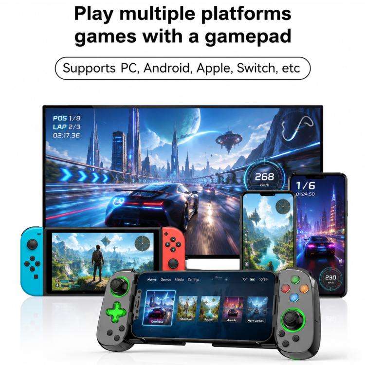 D7 BT5.0 Retractable Gamepad With Light For PC / Android / IPhone /Win7 10 11/Mac OS/Switch(Black)